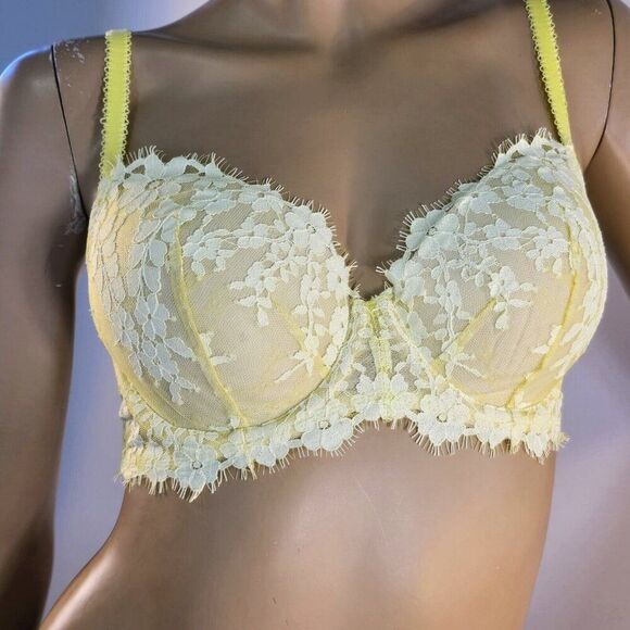 Victoria's Secret Dream Angels Push Up Bra Women's Size 32DD Yellow Floral Lace - Picture 1 of 10